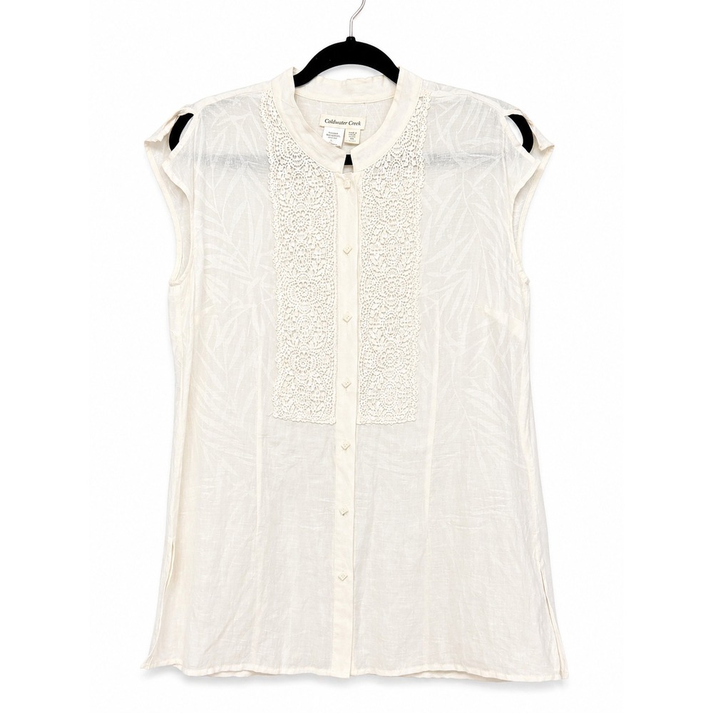 Coldwater Creek Cottagecore Linen Top Womens Medium Romantic Lace Minimalist Top